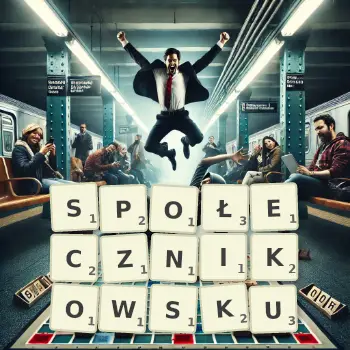 Kreatywna ilustracja do gry w Scrabble ze słowem SPOŁECZNIKOWSKU ułożonym z płytek na planszy.