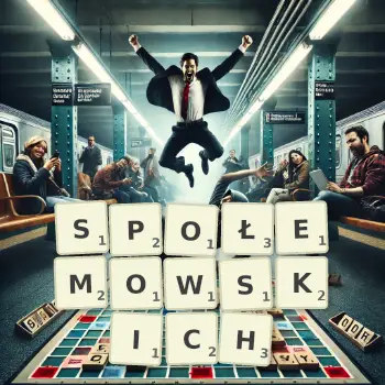 Kreatywna ilustracja do gry w Scrabble ze słowem SPOŁEMOWSKICH ułożonym z płytek na planszy.