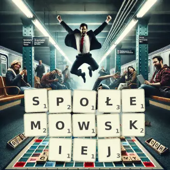 Kreatywna ilustracja do gry w Scrabble ze słowem SPOŁEMOWSKIEJ ułożonym z płytek na planszy.