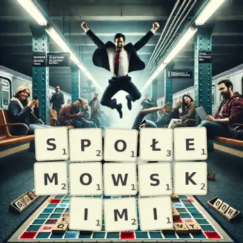 Kreatywna ilustracja do gry w Scrabble ze słowem SPOŁEMOWSKIMI ułożonym z płytek na planszy.
