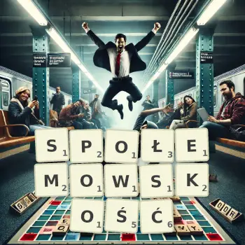 Kreatywna ilustracja do gry w Scrabble ze słowem SPOŁEMOWSKOŚĆ ułożonym z płytek na planszy.