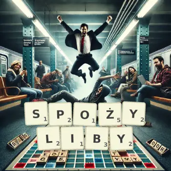 Kreatywna ilustracja do gry w Scrabble ze słowem SPOŻYLIBY ułożonym z płytek na planszy.