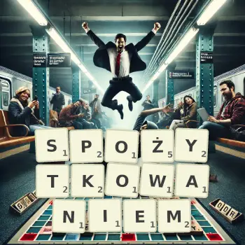 Kreatywna ilustracja do gry w Scrabble ze słowem SPOŻYTKOWANIEM ułożonym z płytek na planszy.