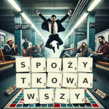Kreatywna ilustracja do gry w Scrabble ze słowem SPOŻYTKOWAWSZY ułożonym z płytek na planszy.