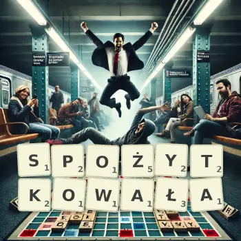Kreatywna ilustracja do gry w Scrabble ze słowem SPOŻYTKOWAŁA ułożonym z płytek na planszy.