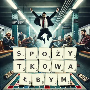 Kreatywna ilustracja do gry w Scrabble ze słowem SPOŻYTKOWAŁBYM ułożonym z płytek na planszy.