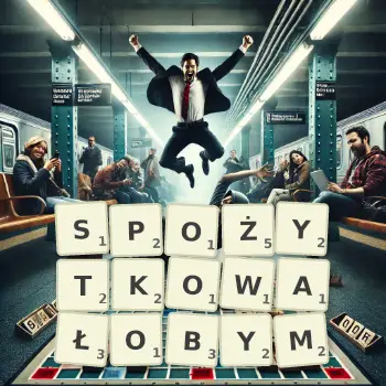 Kreatywna ilustracja do gry w Scrabble ze słowem SPOŻYTKOWAŁOBYM ułożonym z płytek na planszy.