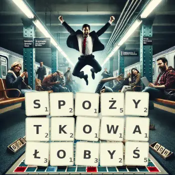 Kreatywna ilustracja do gry w Scrabble ze słowem SPOŻYTKOWAŁOBYŚ ułożonym z płytek na planszy.