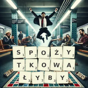 Kreatywna ilustracja do gry w Scrabble ze słowem SPOŻYTKOWAŁYBY ułożonym z płytek na planszy.