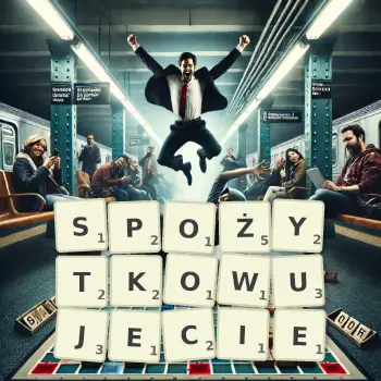 Kreatywna ilustracja do gry w Scrabble ze słowem SPOŻYTKOWUJECIE ułożonym z płytek na planszy.