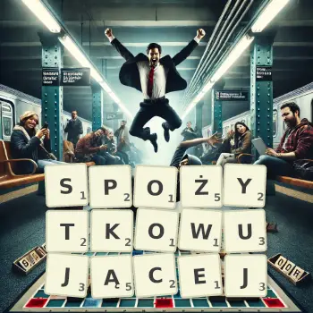 Kreatywna ilustracja do gry w Scrabble ze słowem SPOŻYTKOWUJĄCEJ ułożonym z płytek na planszy.