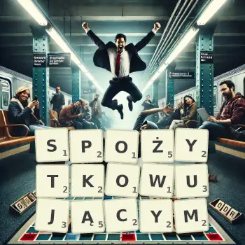 Kreatywna ilustracja do gry w Scrabble ze słowem SPOŻYTKOWUJĄCYM ułożonym z płytek na planszy.