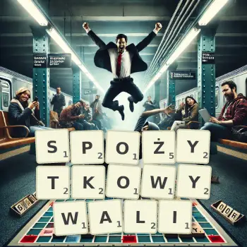 Kreatywna ilustracja do gry w Scrabble ze słowem SPOŻYTKOWYWALI ułożonym z płytek na planszy.