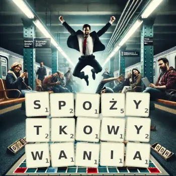 Kreatywna ilustracja do gry w Scrabble ze słowem SPOŻYTKOWYWANIA ułożonym z płytek na planszy.