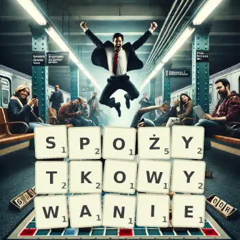 Kreatywna ilustracja do gry w Scrabble ze słowem SPOŻYTKOWYWANIE ułożonym z płytek na planszy.