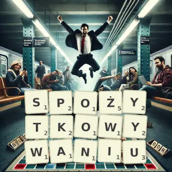 Kreatywna ilustracja do gry w Scrabble ze słowem SPOŻYTKOWYWANIU ułożonym z płytek na planszy.