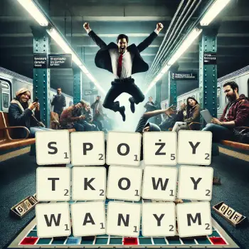 Kreatywna ilustracja do gry w Scrabble ze słowem SPOŻYTKOWYWANYM ułożonym z płytek na planszy.