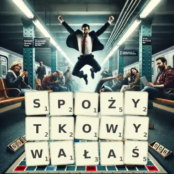 Kreatywna ilustracja do gry w Scrabble ze słowem SPOŻYTKOWYWAŁAŚ ułożonym z płytek na planszy.