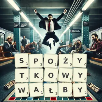 Kreatywna ilustracja do gry w Scrabble ze słowem SPOŻYTKOWYWAŁBY ułożonym z płytek na planszy.