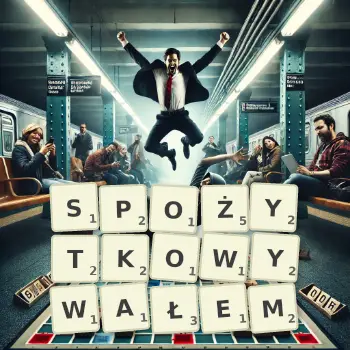 Kreatywna ilustracja do gry w Scrabble ze słowem SPOŻYTKOWYWAŁEM ułożonym z płytek na planszy.