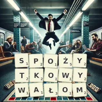 Kreatywna ilustracja do gry w Scrabble ze słowem SPOŻYTKOWYWAŁOM ułożonym z płytek na planszy.