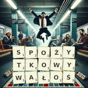 Kreatywna ilustracja do gry w Scrabble ze słowem SPOŻYTKOWYWAŁOŚ ułożonym z płytek na planszy.