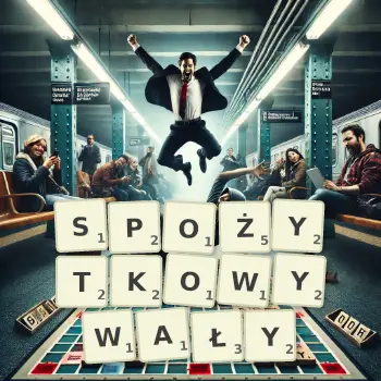 Kreatywna ilustracja do gry w Scrabble ze słowem SPOŻYTKOWYWAŁY ułożonym z płytek na planszy.