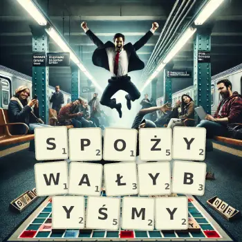 Kreatywna ilustracja do gry w Scrabble ze słowem SPOŻYWAŁYBYŚMY ułożonym z płytek na planszy.