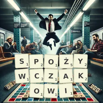 Kreatywna ilustracja do gry w Scrabble ze słowem SPOŻYWCZAKOWI ułożonym z płytek na planszy.