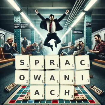 Kreatywna ilustracja do gry w Scrabble ze słowem SPRACOWANIACH ułożonym z płytek na planszy.