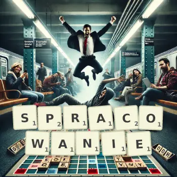 Kreatywna ilustracja do gry w Scrabble ze słowem SPRACOWANIE ułożonym z płytek na planszy.