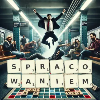 Kreatywna ilustracja do gry w Scrabble ze słowem SPRACOWANIEM ułożonym z płytek na planszy.