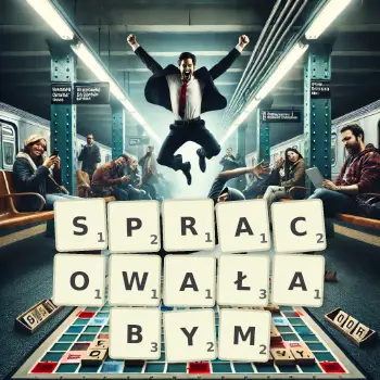 Kreatywna ilustracja do gry w Scrabble ze słowem SPRACOWAŁABYM ułożonym z płytek na planszy.