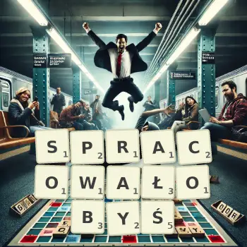 Kreatywna ilustracja do gry w Scrabble ze słowem SPRACOWAŁOBYŚ ułożonym z płytek na planszy.