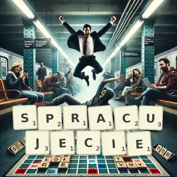 Kreatywna ilustracja do gry w Scrabble ze słowem SPRACUJECIE ułożonym z płytek na planszy.