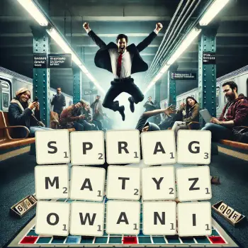 Kreatywna ilustracja do gry w Scrabble ze słowem SPRAGMATYZOWANI ułożonym z płytek na planszy.