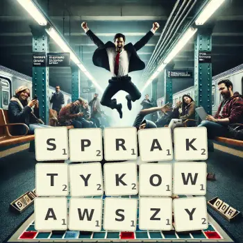 Kreatywna ilustracja do gry w Scrabble ze słowem SPRAKTYKOWAWSZY ułożonym z płytek na planszy.