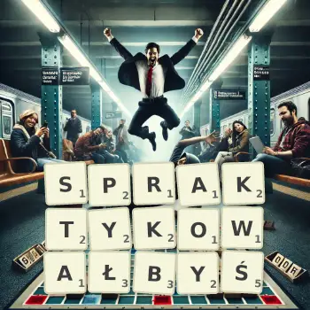Kreatywna ilustracja do gry w Scrabble ze słowem SPRAKTYKOWAŁBYŚ ułożonym z płytek na planszy.