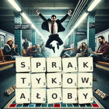 Kreatywna ilustracja do gry w Scrabble ze słowem SPRAKTYKOWAŁOBY ułożonym z płytek na planszy.