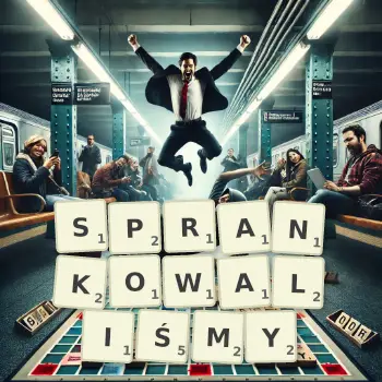 Kreatywna ilustracja do gry w Scrabble ze słowem SPRANKOWALIŚMY ułożonym z płytek na planszy.