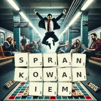 Kreatywna ilustracja do gry w Scrabble ze słowem SPRANKOWANIEM ułożonym z płytek na planszy.