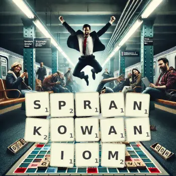 Kreatywna ilustracja do gry w Scrabble ze słowem SPRANKOWANIOM ułożonym z płytek na planszy.