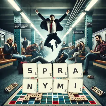 Kreatywna ilustracja do gry w Scrabble ze słowem SPRANYMI ułożonym z płytek na planszy.