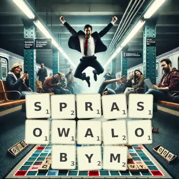 Kreatywna ilustracja do gry w Scrabble ze słowem SPRASOWALOBYM ułożonym z płytek na planszy.