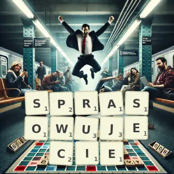 Kreatywna ilustracja do gry w Scrabble ze słowem SPRASOWUJECIE ułożonym z płytek na planszy.