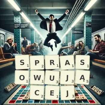 Kreatywna ilustracja do gry w Scrabble ze słowem SPRASOWUJĄCEJ ułożonym z płytek na planszy.