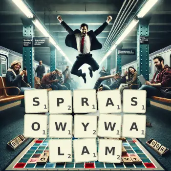 Kreatywna ilustracja do gry w Scrabble ze słowem SPRASOWYWALAM ułożonym z płytek na planszy.