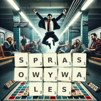 Kreatywna ilustracja do gry w Scrabble ze słowem SPRASOWYWALES ułożonym z płytek na planszy.