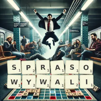 Kreatywna ilustracja do gry w Scrabble ze słowem SPRASOWYWALI ułożonym z płytek na planszy.
