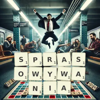 Kreatywna ilustracja do gry w Scrabble ze słowem SPRASOWYWANIA ułożonym z płytek na planszy.